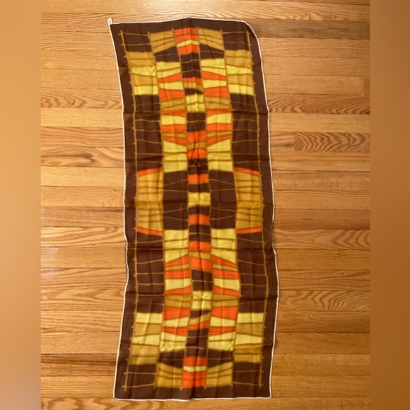 Vintage Brown Yellow Gold and Orange Geometric Vintage Scarf Hand Rolled - Picture 4 of 4